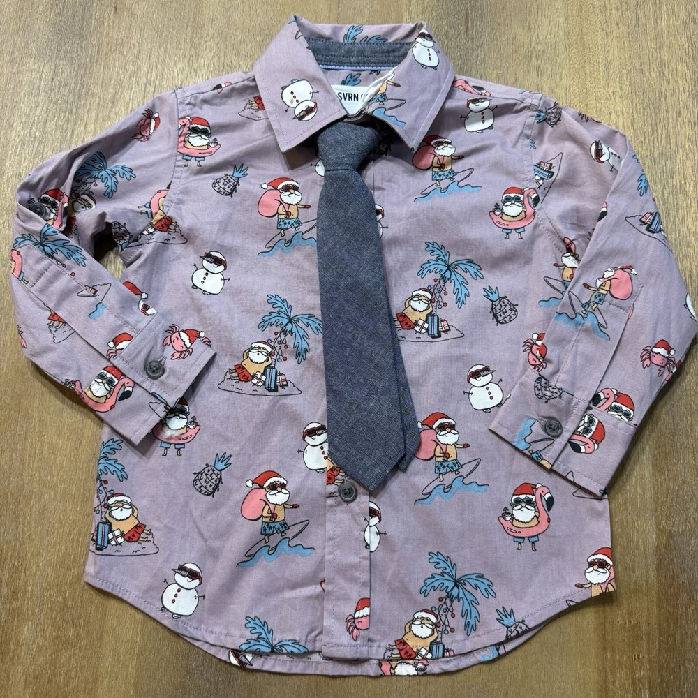 Boys SVRN Code 2T Tropical Santa Button‎ Down Tie Shirt